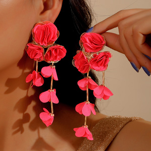 Women Chiffon Flower Tassel <strong>Earrings</strong> Summer Vacation Style Fashionable Exaggerated and Sweet <strong>Earrings</strong> - Product Image 3