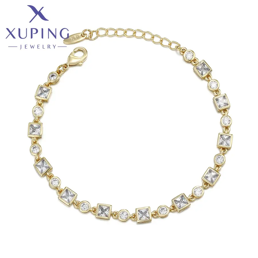 X000925645 Xuping takı kare yuvarlak elmas seti zirkon zincir bilezik kadın 14K altın renk takı