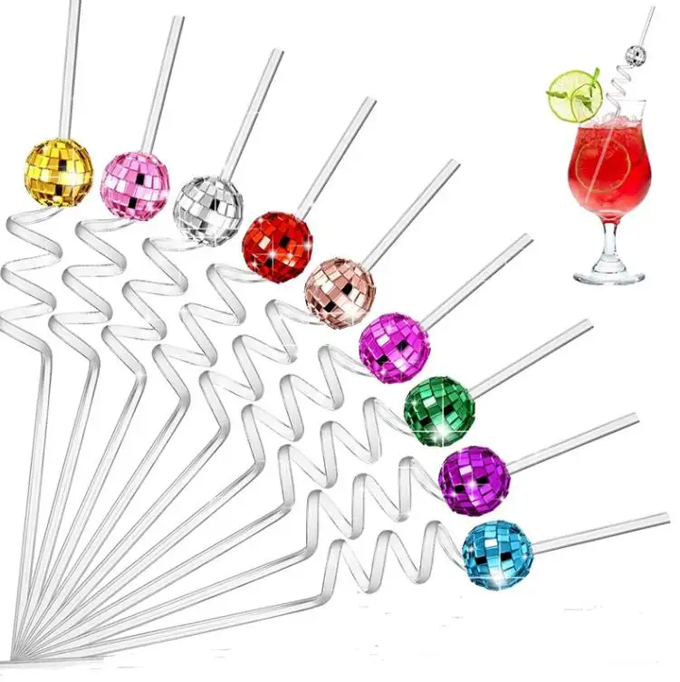 Plastic bar club drinking straw decoration round charms green pink red gold silver blue coloful metal glitter disco ball straws