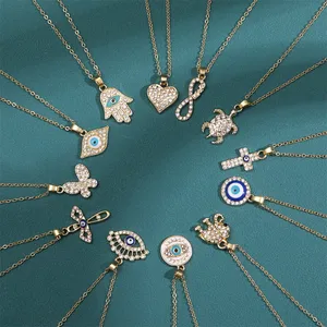 Kalung Mata Jahat Set Kalung Hati Liontin Salib Kalung Mata Ketiga 14K Emas PlatedJewelry Hadiah untuk Wanita Anak Perempuan