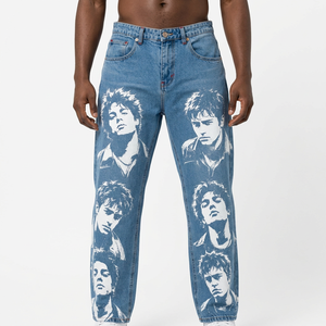 Jean en denim imprimé pour homme 100% coton, taille mi-haute, devant plat, tissu peigné, coupe droite, style décontracté, streetwear, pantalon de travail - Product Image 3