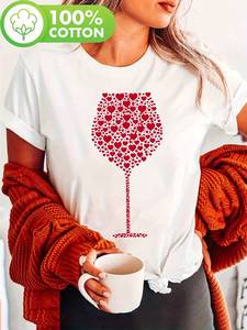 T-shirt da donna per San Valentino con stampa a cuore rosso e calice di vino, a maniche corte, casual, 100% cotone, vestibilità comoda, girocollo - Product Image 3