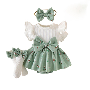 Nuovo Body Estivo 2026 per Neonati e Bambine con Maniche a Sbuffo, Stampa a Fiocco + Calze da Principessa - Product Image 2