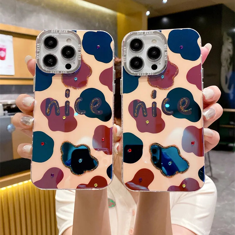 Jepang dan Korea Selatan biru berlian imitasi motif macan tutul casing ponsel modis untuk iPhone14promax 13pro 12 casing pelindung 11 untuk Apple 15