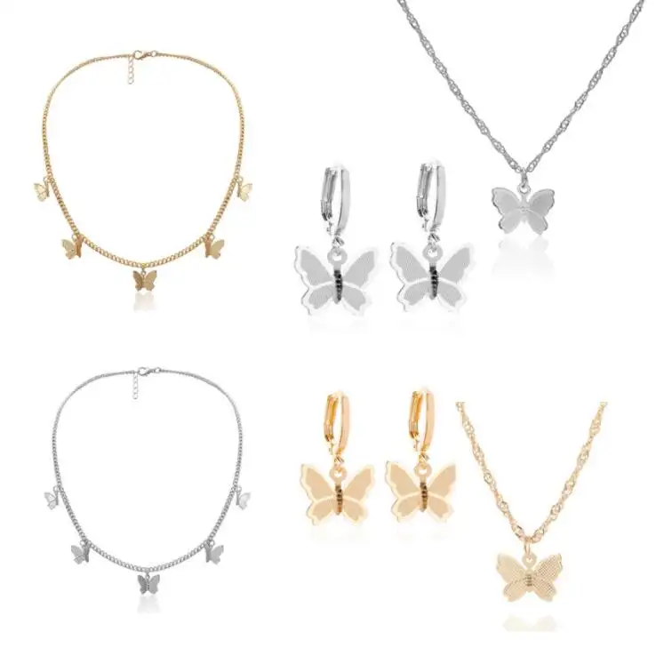 Pretty Butterfly Pendant choker Necklace for Women Silver Color Tassel Alloy Metal Adjustable Jewelry