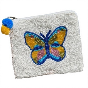Beaded Butterfly <b>Coin</b> <b>Purse</b> Mini Zipper Closure Handmade Creative Unisex White - Product Image 1