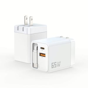 High 65W GaN Multi Port 3 in 1 Retractable Telescopic PD Super Fast Charging Head Adapter US Wall Phone Charger <b>Plug</b> for iPhone - Product Image 2