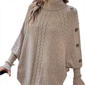 Pull de style nouveau, vêtements pour femmes, motif de mode personnalisable, design ample personnalisé, col roulé, bouton, manches chauve-souris - Product Image 4