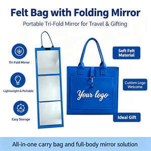 Custom Logo Portable Felt Bag Foldable <b>Mirror</b> 3 Way Hanging <b>Mirror</b> Shatterproof Folding <b>Mirror</b> <b>Set</b> with Tote Bag - Product Image 2