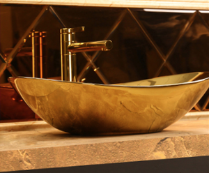 KD-35GBA-1 Lavabo de salle de bain moderne en céramique plaqué or en forme de bateau, sans trou, pour hôtel - Product Image 3