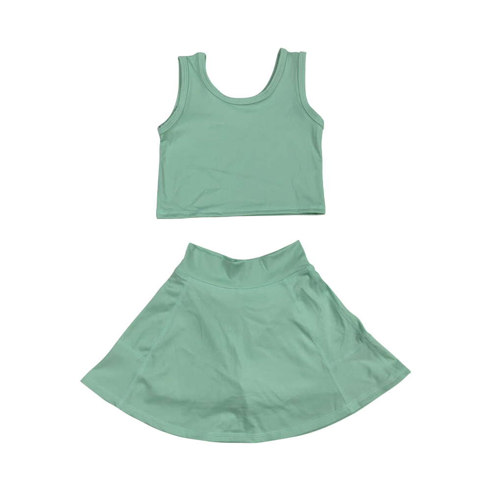 GSD1984 New RTS Pure Pea Green Vest and Skirts Shorts Little Girls Yoga 2 Piece Set Summer 2025 Toddler Girl Clothes Wholesale