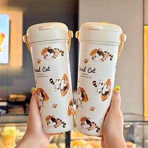 แก้วน้ำเก็บอุณหภูมิ Bread Cat แบบพกพา ทำจากสแตนเลส 316 พร้อมหลอดดูด สำหรับผู้หญิง ใช้สำหรับเดินทาง - Product Image 3