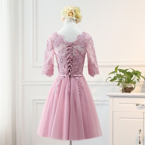 Bridesmaid Dress Pink Lace Tulle Mid Length Sweetheart Neckline Formal Evening Gown For Women - Product Image 2