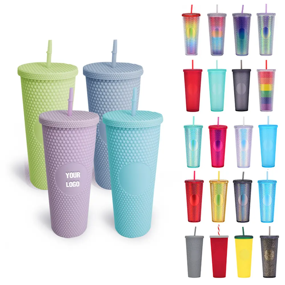 Tazza a doppia parete in acrilico multicolore con Logo personalizzato BPA gratis 24oz bicchiere con borchie riutilizzabili con paglia e coperchio