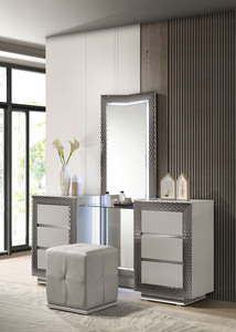 Modern Solid Wood <b>Vanity</b> Set with Stool Plinth Base Silver Molding Glass Top LED Headboard Mirror Gray Finish Bedroom Furniture - Product Image 3
