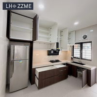 Ensemble de meubles de cuisine modernes en contreplaqué et placage de bois en forme de L, avec évier et tiroirs, prêt à assembler pour appartement
