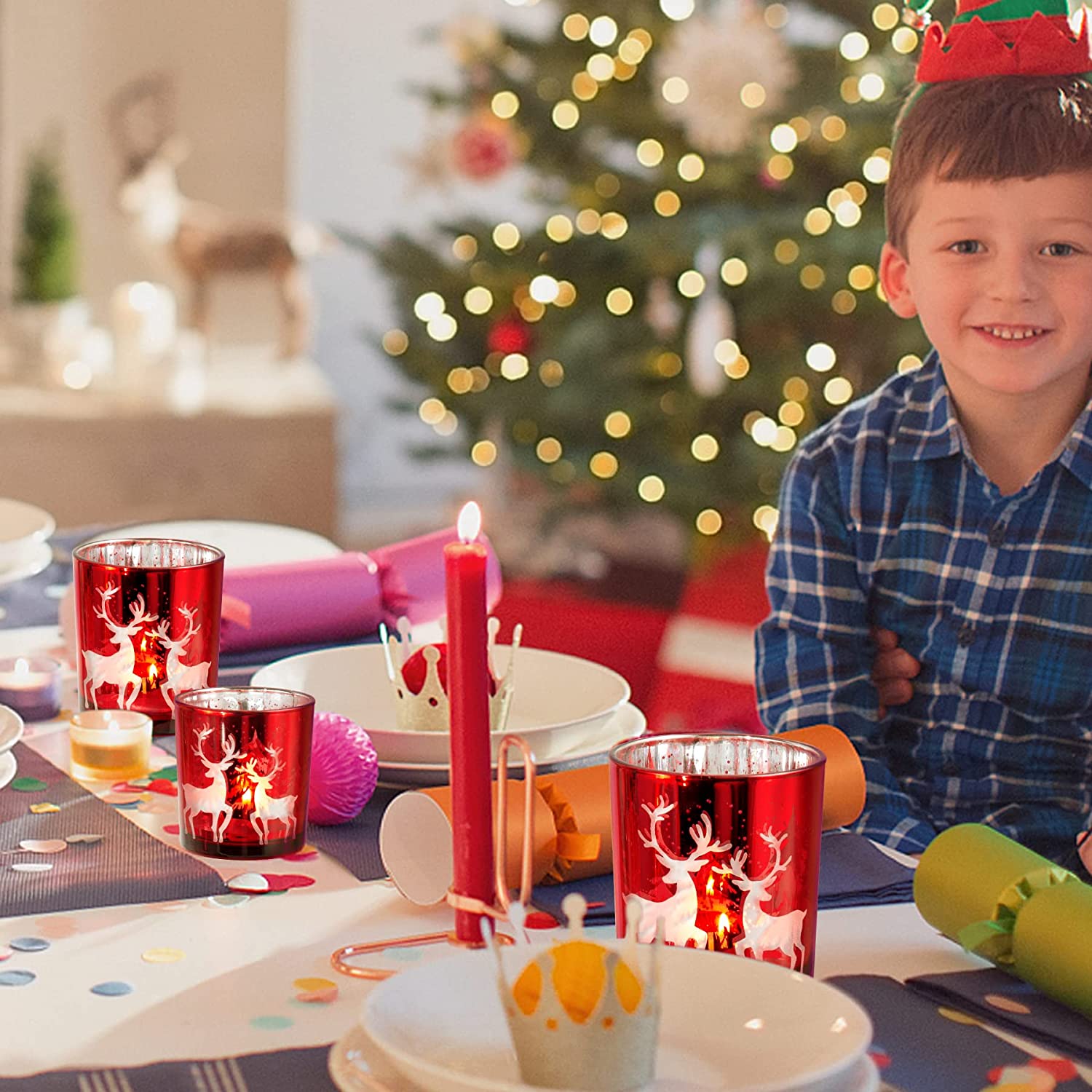 Christmas Votive Candle Holders Set of 3, Glass Tea Light Holder for Christmas Holiday Wedding Party