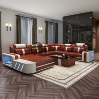 Ensemble de canapés en cuir véritable en forme de U, grand format, pour salon, style américain, avec éclairage LED