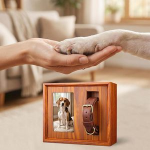 Solid Wood Pet Urn With Photo Frame And Collar Holder For Pet <b>Memorial</b> Keepsake <b>Box</b> Rectangle Shape Secure Storage - Product Image 1