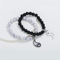 Lot de 2 bracelets élastiques faits main en perles noires et turquoise, avec breloque Feng Shui Yin Yang, pour couple