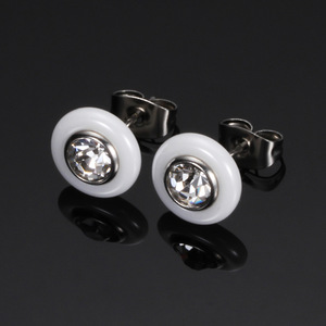 <b>Stud</b> Earrings 9mm Round Zircon Inlaid <b>Titanium</b> Steel Black White Ceramic For Women Daily Wear - Product Image 3