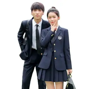 New Arrivals Custom High School Blazer Pants Suits 2023 Fashion Navy Blue Pleated Skirt Set Unisex Students School Uniforms