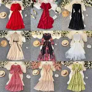 Gaun Wanita Sifon Panjang Cetak Digital Gaun Wanita Liburan Elegan Gaun Maxi Kasual Cetak Bunga Stok