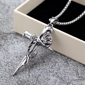 Stainless Steel Rose <b>Cross</b> Pendant For Men And Women Fashion Jewelry Necklace Charm Asymmetry Design Geometric Style - Product Image 5