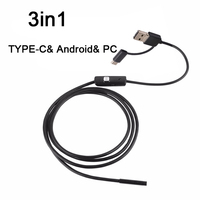 Endoscope AN100 3-en-1 7 mm pour Android et PC, 6 LED, étanche, USB 2M, caméra de inspection flexible pour miroir et borescope