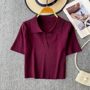 Chic d'été : T-shirt court en maille côtelée extensible pour <span class=keywords><strong>femme</strong></span> - Haut polyvalent à manches courtes - Product Image 5