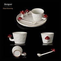 Mug à café en céramique en porcelaine créative avec motif de champignon pour les couples - Résistant à la chaleur, passe au lave-vaisselle et au micro-ondes, cadeaux, cuillère