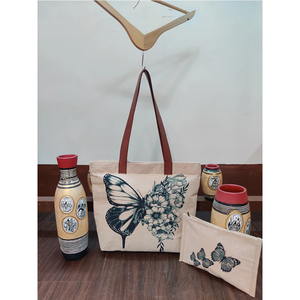 Bolsa de Mano Reutilizable de Lino, Yute y Algodón con Diseño Impreso, Bolsa de Moda Sostenible para Uso Diario y Estilo de Vida Informal - Product Image 1