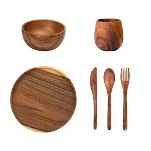 Service de vaisselle en bois d'acacia Bol en bois Assiette à dîner tasse 6 pièces Couverts en bois pour restaurant mariage