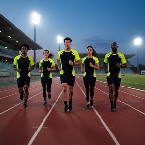 T-shirt sportif tricoté personnalisable à manches raglan pour la course nocturne - Noir avec manches jaune fluo imprimées par sublimation - OEM/ODM disponible - Product Image 1