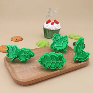 Leaf Shape Plastic Cookie Cutters Set Pastry Cake Biscuit Mold Cookie Printer Spring Plunger Baking Tools Cake Decorating Tools
