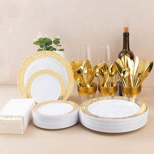 Juego de Vajilla Desechable de Plástico Dorado de 700 Piezas para 100 Personas, Incluye Platos para Cena y Postre, Vasos y Servilletas, Libre de BPA - Product Image 6