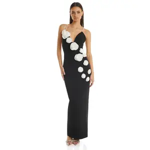 French court dress high-end pearl shoulder bandage dress three-dimensional flower design party dress woman