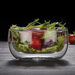 Cuenco de vidrio de doble capa resistente a altas temperaturas, vajilla de vidrio de borosilicato, cuenco para fruta y ensalada, suministro de fábrica