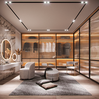 Dressing moderne avec îlot central, étagères en verre, rangement central, construction en mélamine et bois massif, gain de place, pour la maison