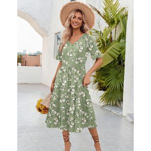 Women's Summer Floral Midi <b>Dress</b> V Neck Ruffle Short Sleeve A Line <b>Elastic</b> Waist Casual Beach <b>Dress</b> With Pockets - Product Image 4
