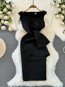 Abito da sera elegante e raffinato da donna, con fiori 3D, senza maniche, scollo rotondo, vita <span class=keywords><strong>aderente</strong></span>, lunghezza media, modello bodycon. - Product Image 4