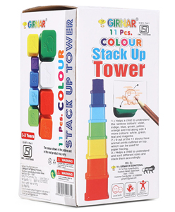 GIRNAR Torre de apilamiento de 11 piezas de colores, 9 de los 11 bloques tienen estampados de animales dibujados en la parte superior, desarrolla la coordinación entre mano y ojo - Product Image 1