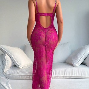 Sexy babydoll lingerie met bloemenkant, doorschijnende borduursels en bandjes, maxi nachtkleding voor vrouwen voor de huwelijksreis. - Product Image 1