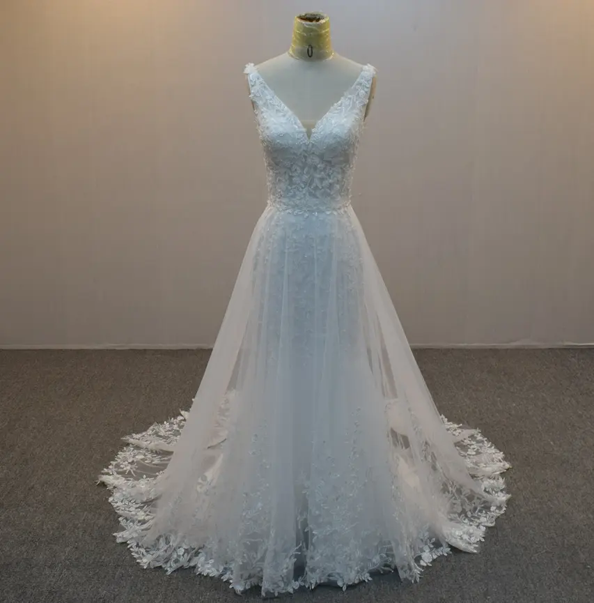 वियोज्य कम पीठ सुरुचिपूर्ण तुरही फीता पिपली आइवरी वी गर्दन मरमेड ब्राइडल गाउन शादी की पोशाक