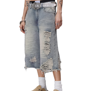 Pantalones Cortos Vaqueros Rotos Personalizados para Hombre, de Pierna Recta con Lavado Vintage <span class=keywords><strong>en</strong></span> Tela Duradera de Algodón y Nylon para Servicio OEM - Product Image 1