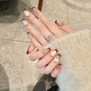<span class=keywords><strong>Uñas</strong></span> Postizas Francesas Vintage Color <span class=keywords><strong>Vino</strong></span> Tinto, <span class=keywords><strong>Uñas</strong></span> Postizas Rojas Brillantes Hechas a Mano para Otoño Invierno, Blanqueamiento de Piel - Product Image 4