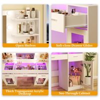 Mesa de Maquillaje con Espejo y Luces, Superficie Transparente con 3 Cajones RGB, 6 Estantes, 2 Gabinetes y Enchufe