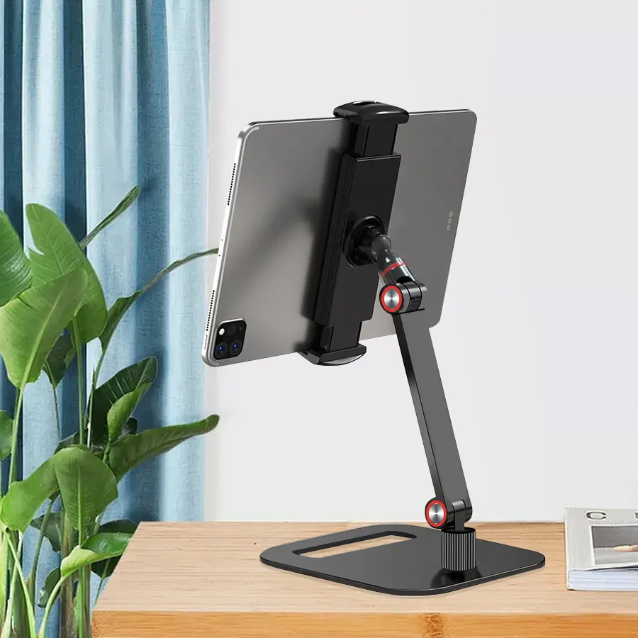 Supporto per tablet da tavolo regolabile girevole flessibile con design a doppio braccio supporto per telefono pieghevole in alluminio
