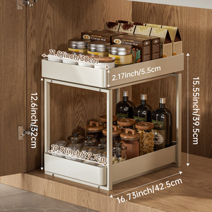 Double Layer Pull Out <b>Storage</b> Rack Stainless Steel Rectangle Kitchen Cabinet Organizer Tiered <b>Drawer</b> Style Multifunctional - Product Image 5