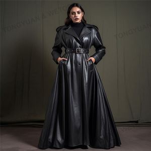 Vêtements grande taille pour femmes, trench-coat <span class=keywords><strong>oversize</strong></span> pour <span class=keywords><strong>femme</strong></span>, trench-coat long en cuir <span class=keywords><strong>noir</strong></span> maxi avec ceinture pour femmes - Product Image 4